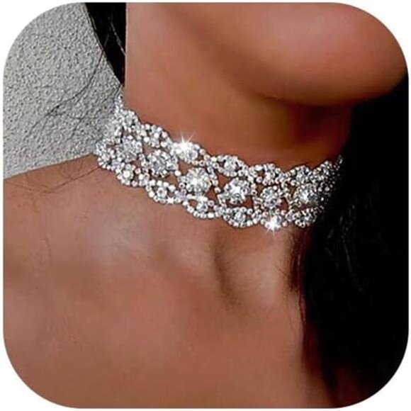 Silver Rhinestone Choker Necklace – Crystal Statement Jewelry for Women - Picture 1 of 4